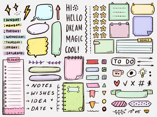 Cute bullet journal notes to do list drawing doodle vector collection photo