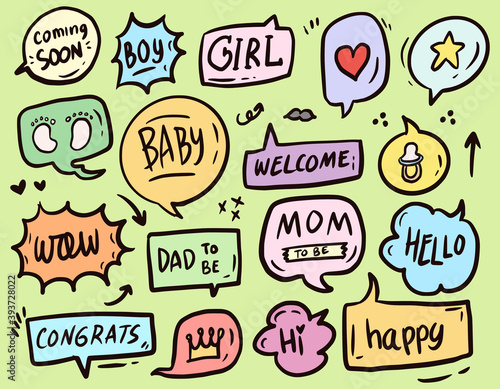Baby shower bubble text ornament set collection drawing