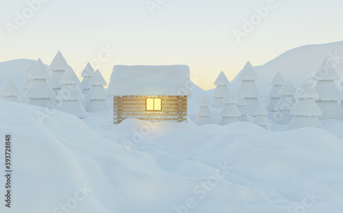 House in the snow. Christmas trees on the background of Snowfall. Winter landscape. 3d render.