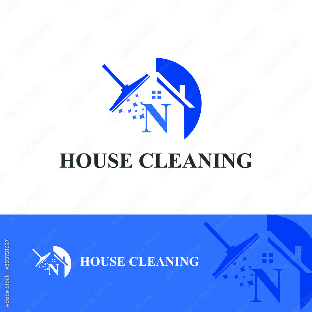 House Cleaning Service with Initial N Letter, broom and shiny icon Concept Logo Design Template. Home maintenance business	