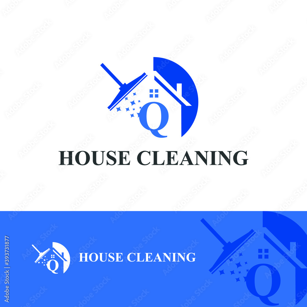 House Cleaning Service with Initial Q Letter, broom and shiny icon Concept Logo Design Template. Home maintenance business	