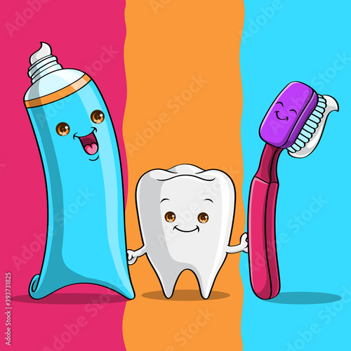 Tooth holding toothbrush and toot paste, Hand drawn