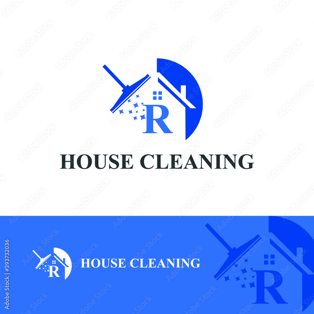House Cleaning Service with Initial R Letter, broom and shiny icon Concept Logo Design Template. Home maintenance business	