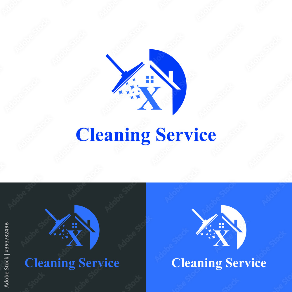 House Cleaning Service with Initial X Letter, broom and shiny icon Concept Logo Design Template. Home maintenance business	