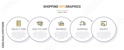 Concept of shopping process with 5 successive steps. Five colorful graphic elements. Timeline design for brochure, presentation, web site. Infographic design layout.