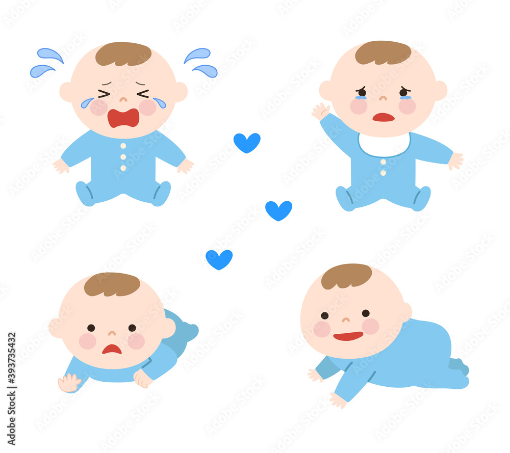 Expressive baby boys wearing blue baby clothes. Vector illustration isolated on white background. Expressive baby boys wearing blue baby clothes. Vector illustration isolated on white background.