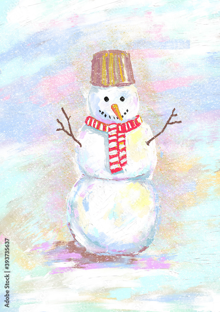 Snowman is painted with bright oil paints. Perfect for Christmas design, poster, postcards, packaging Snowman is painted with bright oil paints. Perfect for Christmas design, poster, postcards, packaging