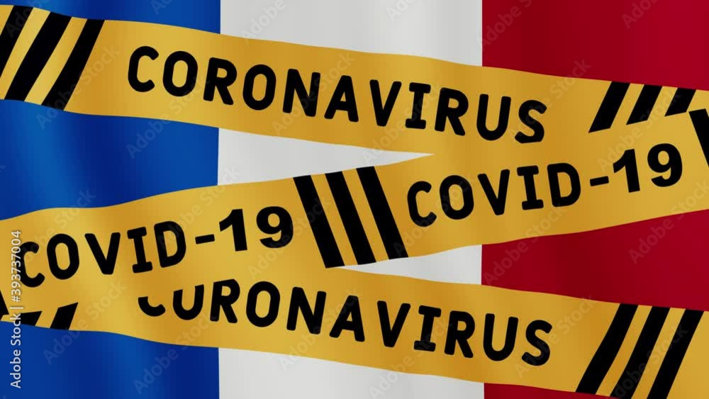 Animated concept caution quarantine. warning tape over France flag. Covid-19 Virus tape. Isolation attention animated motion graphic concept video. Corona virus pandemic information. Animated concept caution quarantine. warning tape over France flag. Covid-19 Virus tape. Isolation attention animated motion graphic concept video. Corona virus pandemic information.