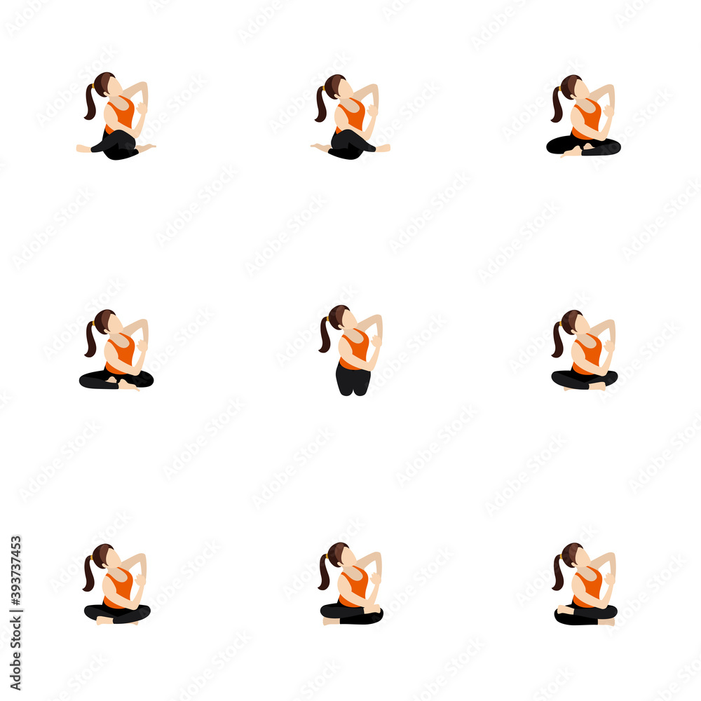 Seated Side Twist And Bend Yoga Asanas Set Illustration Stylized Woman