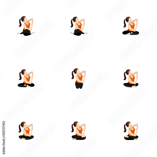 Seated side twist and bend yoga asanas set/ Illustration stylized woman practicing gomukhasana and other poses with side twist and lean