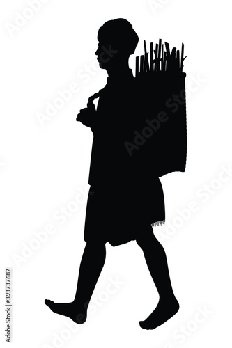 Young hill tribe man with firewood basket silhouette vector