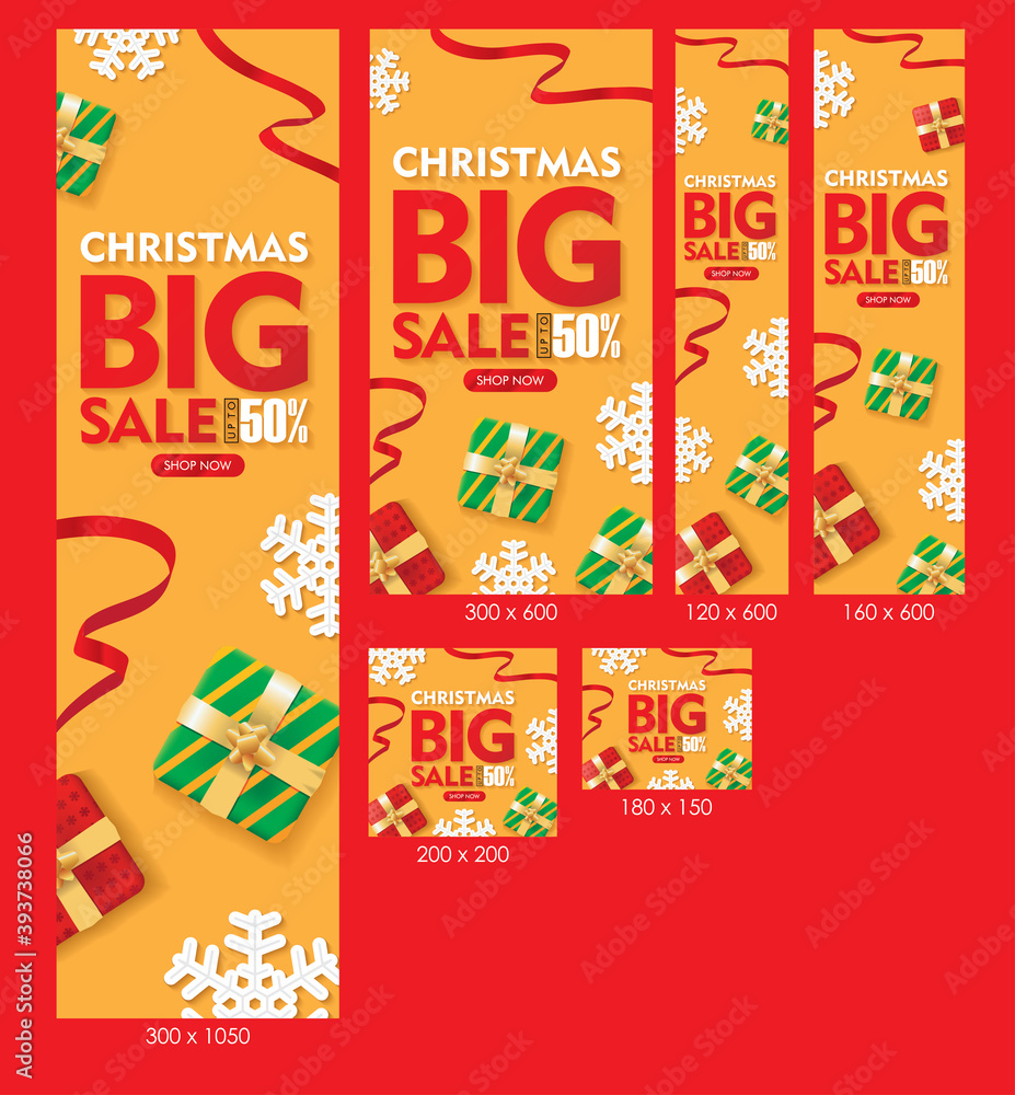 Christmas Big Sale Web Banners Orange Background with Gift box, Snowflakes, and Ribbons Set Christmas Big Sale Web Banners Orange Background with Gift box, Snowflakes, and Ribbons Set