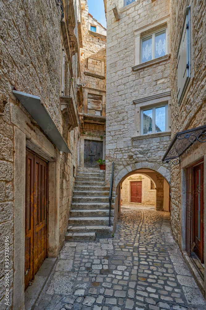 Beautiful city of Trogir, Croatia, narrow streets of the old town