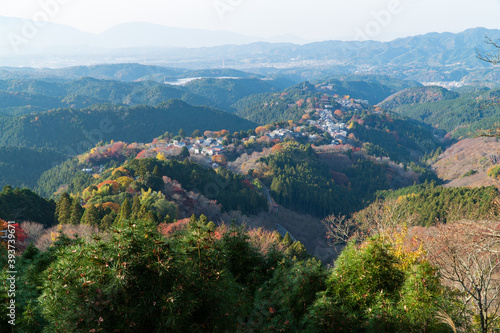 紅葉の奈良県吉野山上千本から蔵王堂を望む