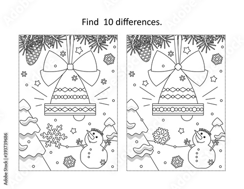 Find 10 differences visual puzzle and coloring page with winter holidays, New Year or Christmas bell ornament 
