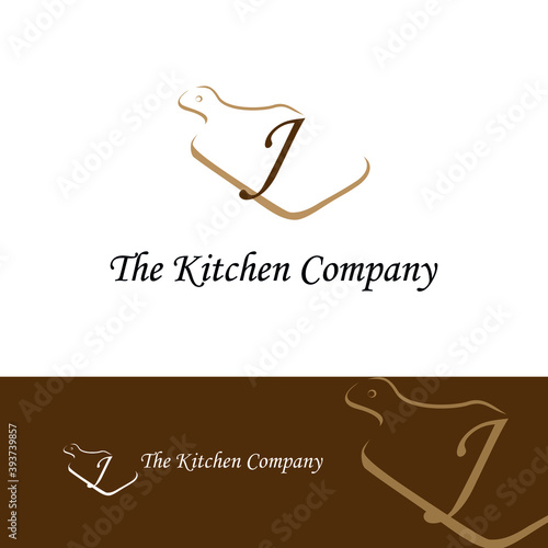 Kitchenware, Kitchen utensils business logo concept with cutting board and initial J letter template