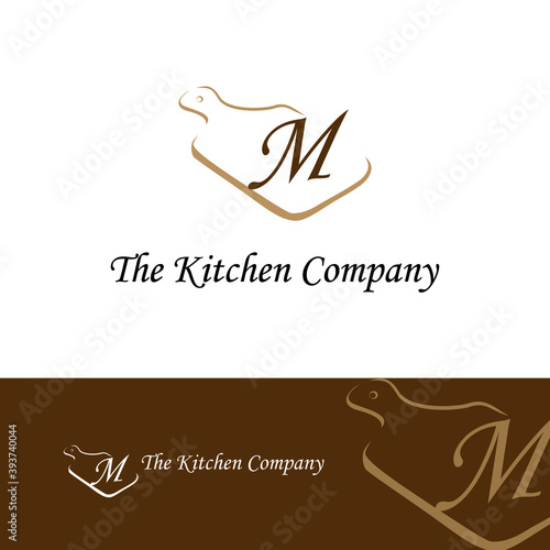 Kitchenware, Kitchen utensils business logo concept with cutting board and initial M letter template