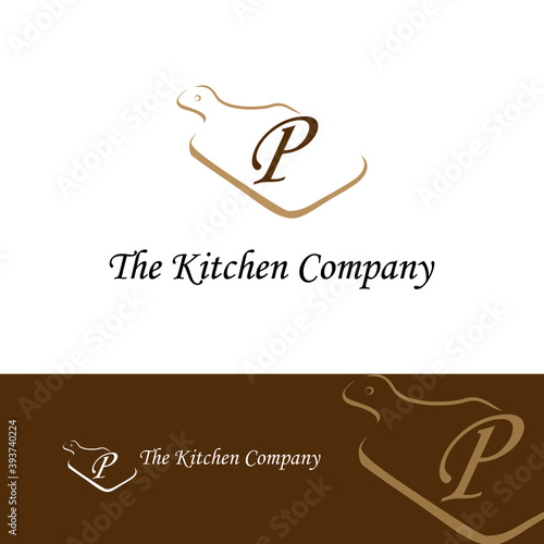 Kitchenware, Kitchen utensils business logo concept with cutting board and initial P letter template