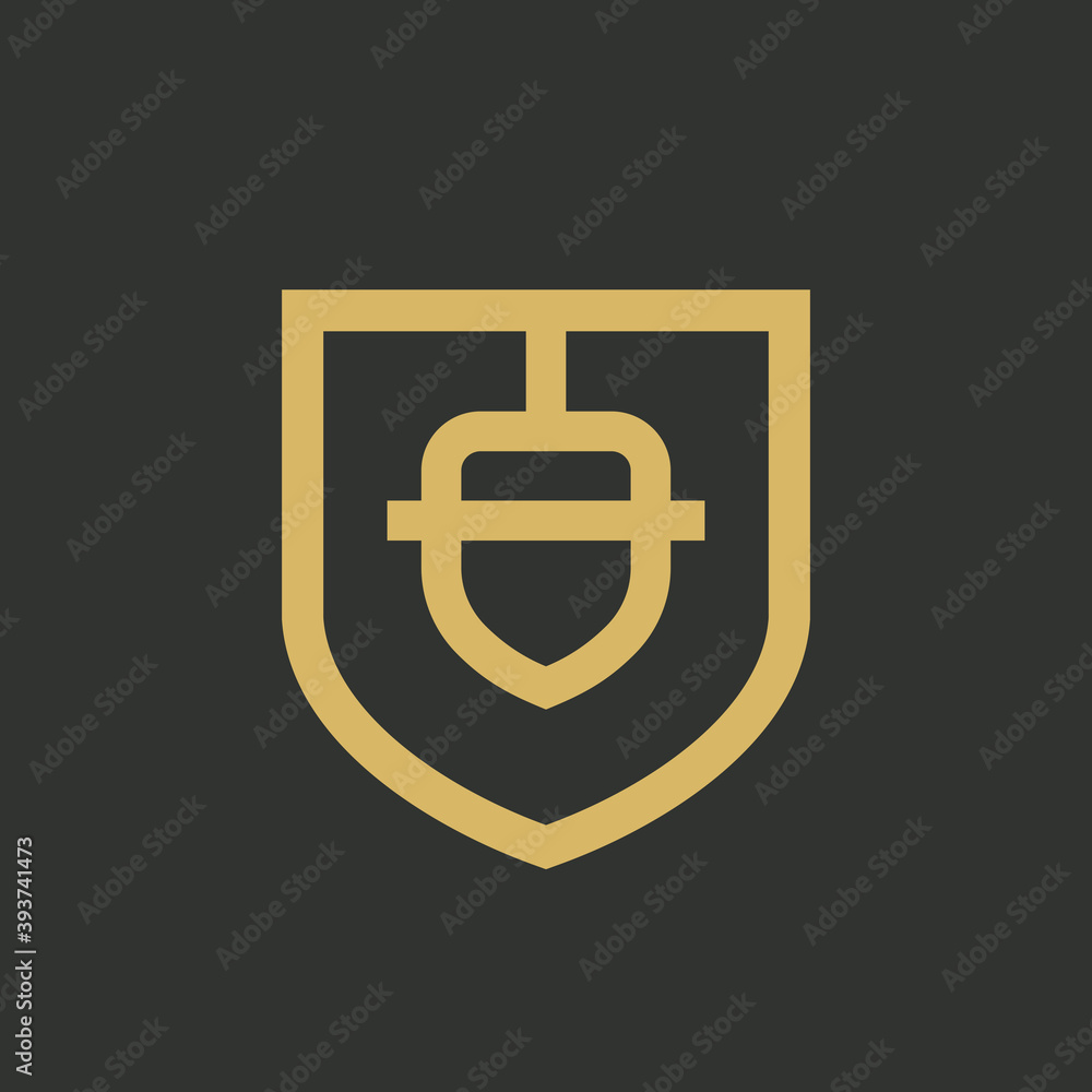 Shield with acorn nut logo icon design, linear style vector illsutration Shield with acorn nut logo icon design, linear style vector illsutration