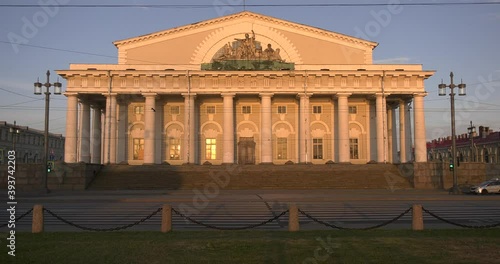 4K high quality sunrise morning video of St.-Petersburg's beautiful vintage architecture of Stock Exchange building near Neva River at Vasilyevsky Island spit, Finnish Bay, Russia's northern capital photo