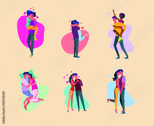 Set of affectionate couples embracing in love