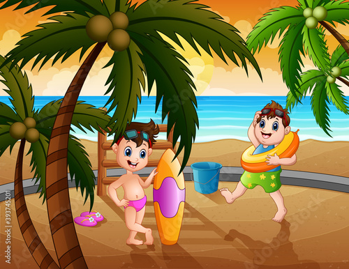 Happy boys playing on the beach illustration