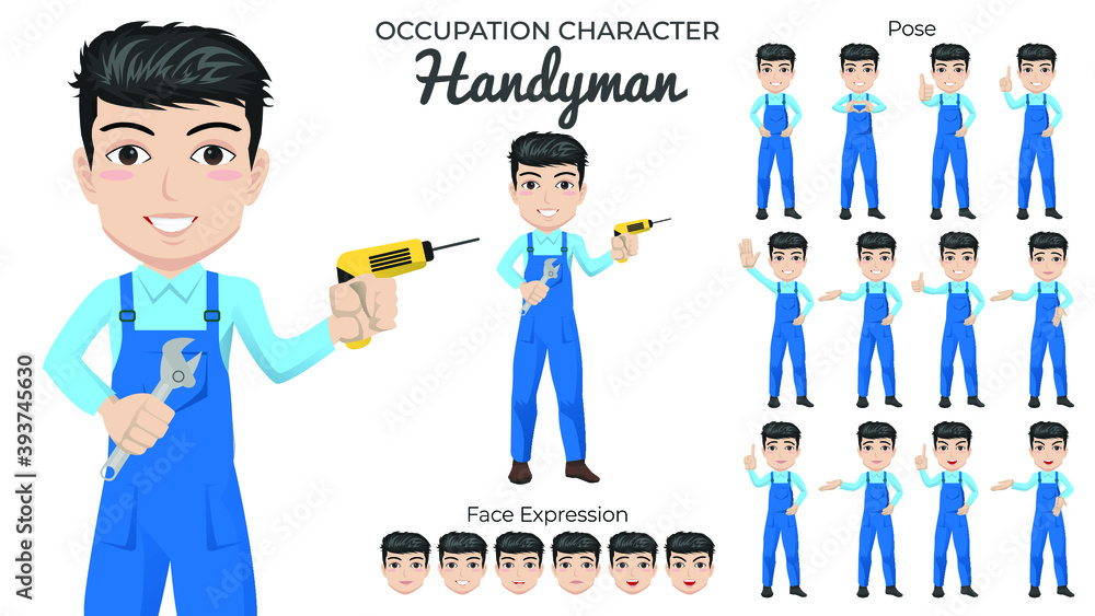 Male Handyman Character Set with Variety of Pose and Face Expression