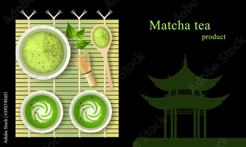 Matcha green tea latte with milk in cups on bamboo mat