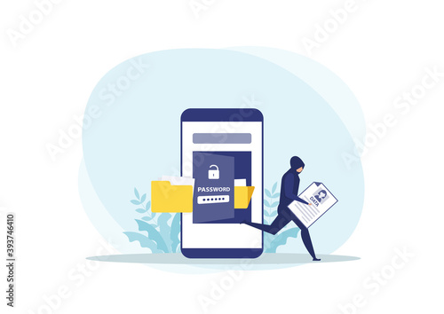hacker out of from smartphone, Thief attack steal personal data on phone concept