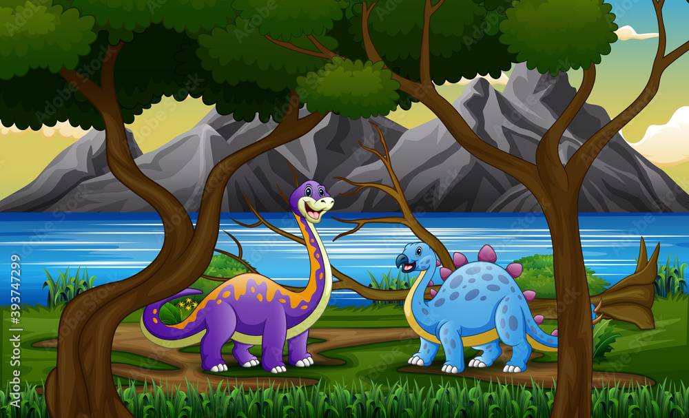 Obraz premium Cartoon dinosaurs at the jungle