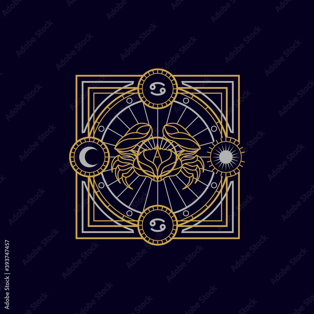 vintage thin line cancer geometric astrology zodiac sign vector icon
