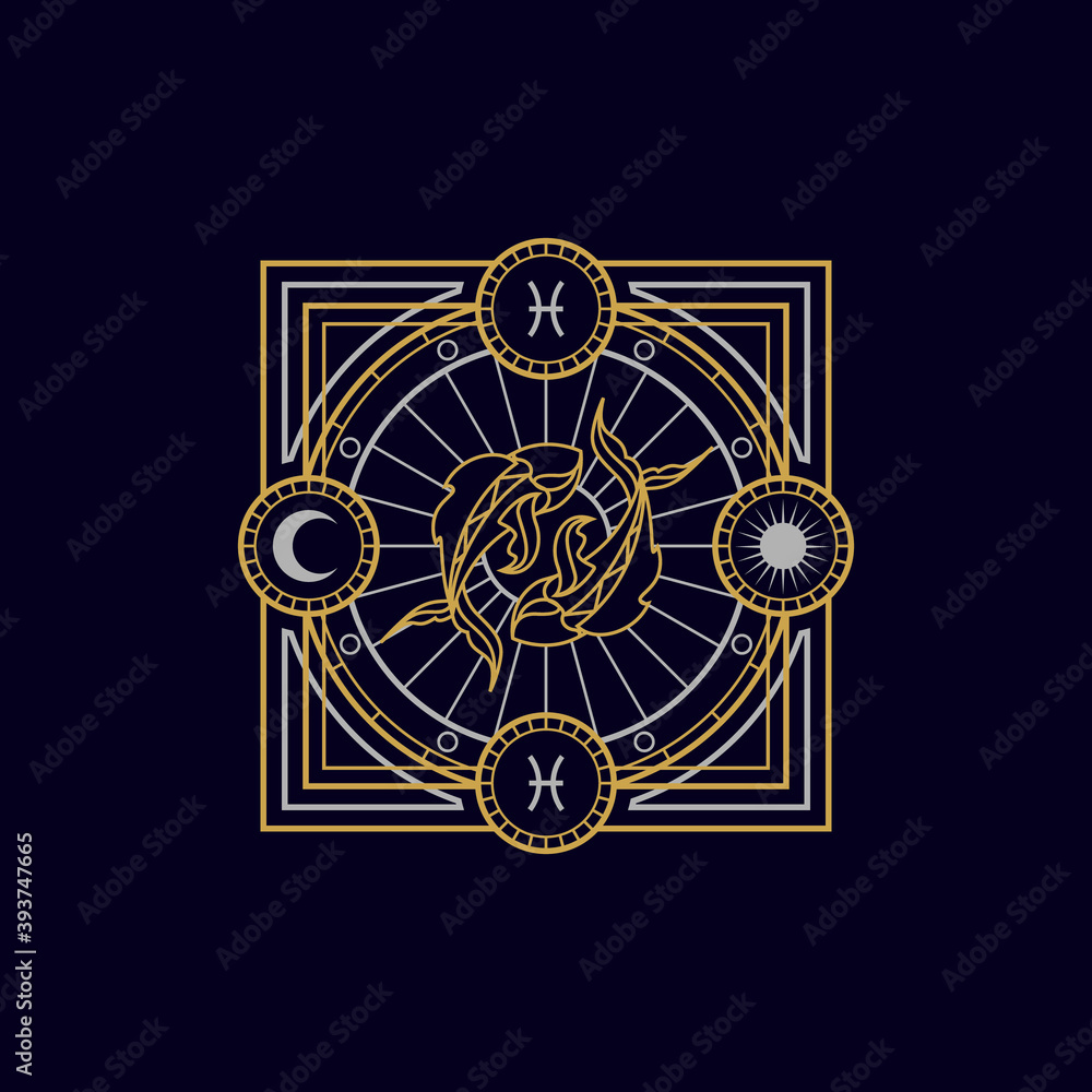 vintage thin line pisces geometric astrology zodiac sign vector icon