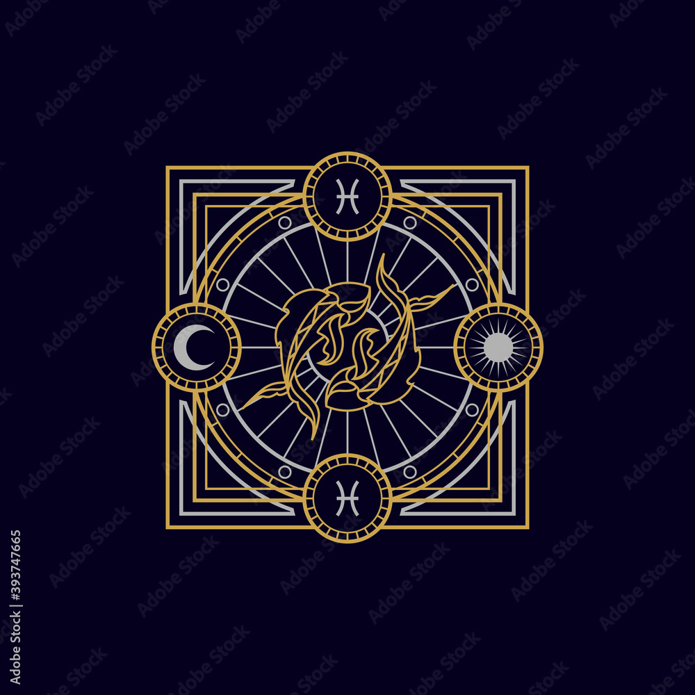 Obraz premium vintage thin line pisces geometric astrology zodiac sign vector icon