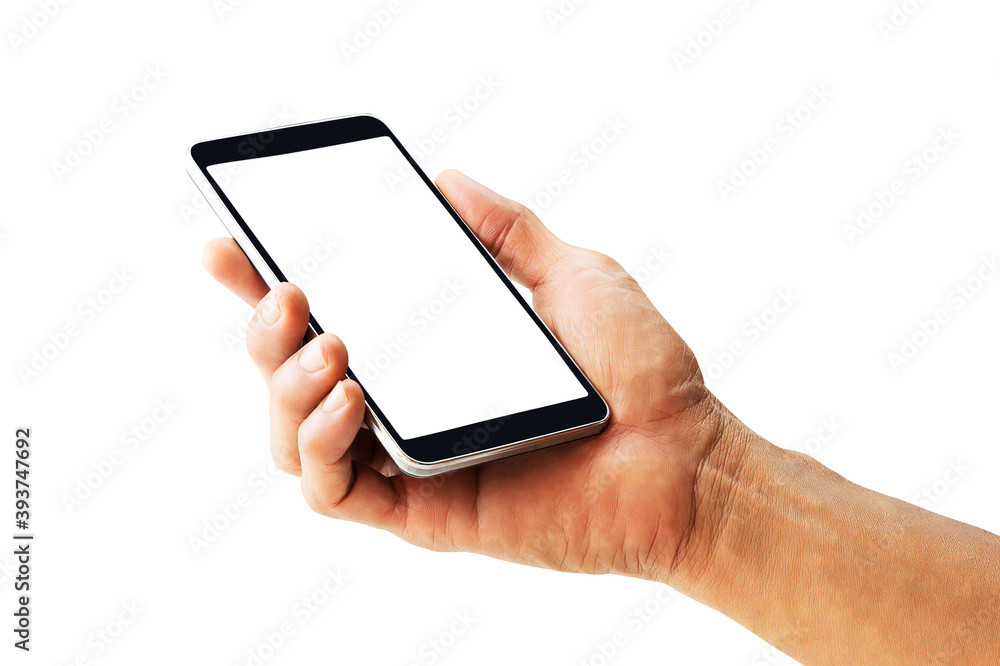 Hand holding white screen mobile phone isolated on white background with clipping path Hand holding white screen mobile phone isolated on white background with clipping path