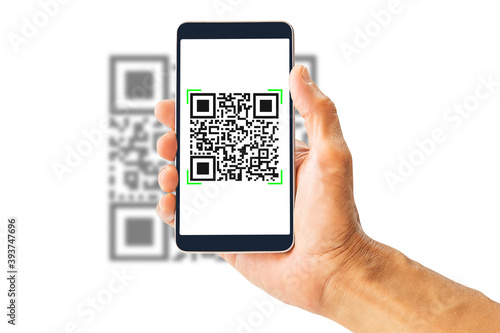 Hand holding smartphone scanning QR code isolated on white background