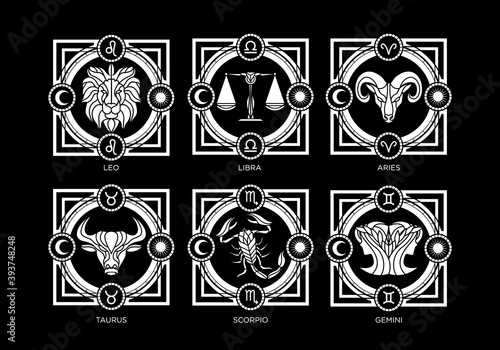 vintage luxury horoscope zodiac astrology vector icon set collection