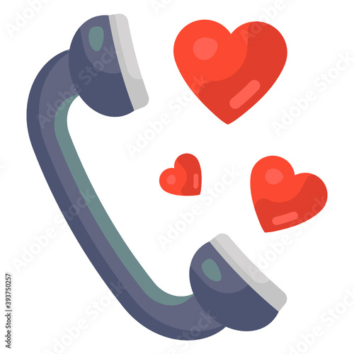 
Hearts with receiver depicting love call icon in flat design 
