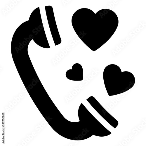 
Hearts with receiver depicting love call icon in flat design 
