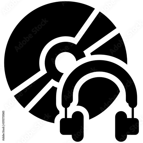
Vinyl record with headphone, flat icon of music disc 
