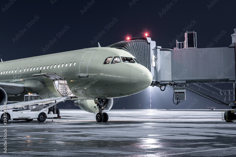 The passenger airplane stands at the jetway on an airport night apron. The baggage compartment of the aircraft is open and the luggage is being loaded The passenger airplane stands at the jetway on an airport night apron. The baggage compartment of the aircraft is open and the luggage is being loaded