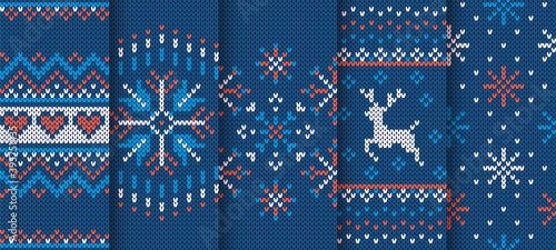 Knit texture. Christmas seamless pattern. Vector. Blue knitted sweater print. Set Xmas winter traditional ornaments. Holiday fair isle geometric background. Wool pullover illustration. Festive crochet