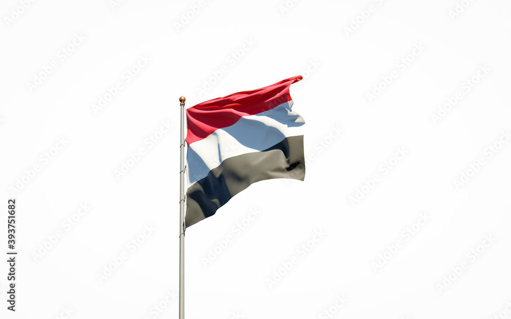 Beautiful national state flag of Yemen on white background. Isolated close-up Yemen flag 3D artwork.