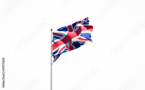 Beautiful national state flag of UK on white background. Isolated close-up UK flag 3D artwork.