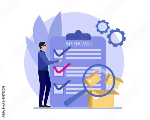 Vector illustration of the concept of Quality control and product safety, defective product testing, inspection, warranty certificate abstract metaphor.