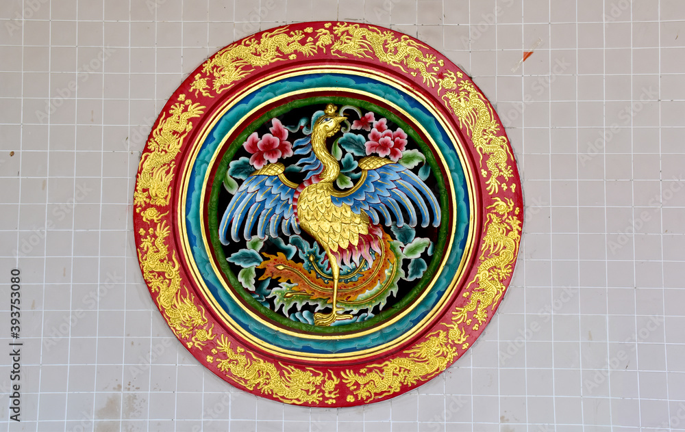 Obraz premium Colorful China swan Decoration on festive background at Chinese Temple, Bangkok, Thailand.