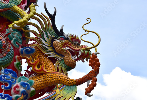 Colorful Dragon Decoration with blue sky background at Chinese Temple  Thailand.
