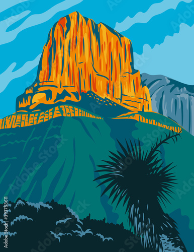 Guadalupe Mountains National Park with El Capitan Peak Texas United States WPA Poster Art Color