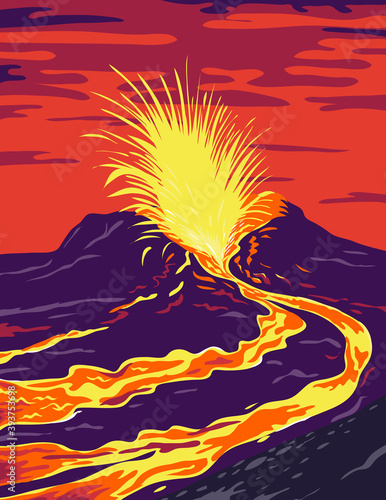 Hawaii Volcanoes National Park with active KIlauea volcano United States WPA Poster Art Color