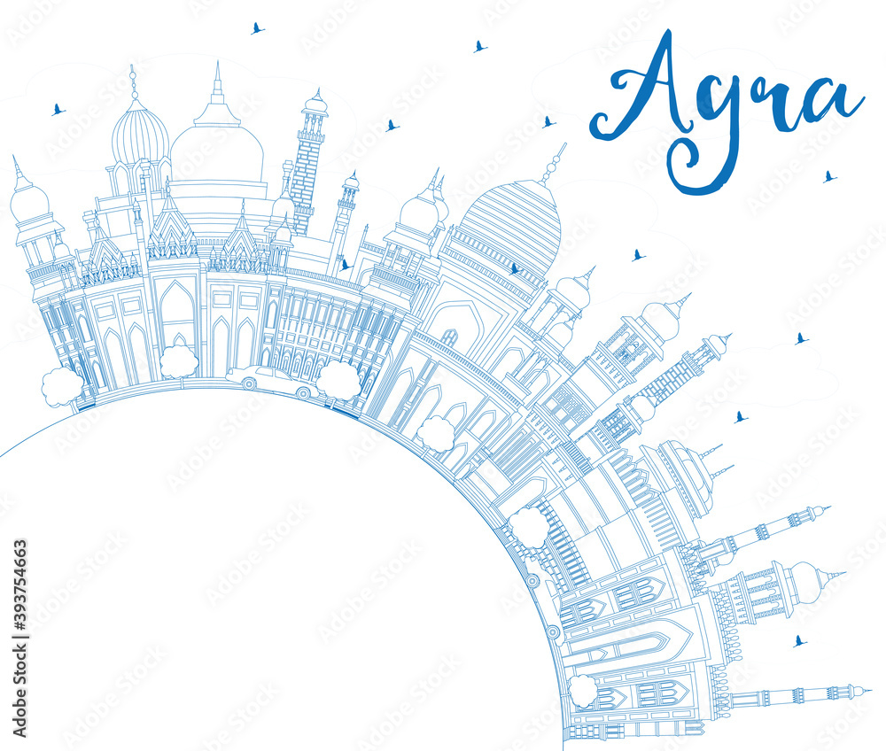 Outline Agra India City Skyline with Blue Buildings and Copy Space.