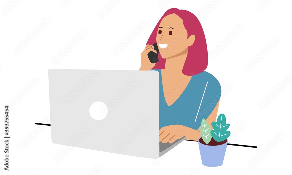Woman telephone consultant in workplace. Beautiful woman working in a call center with laptop on desk Woman telephone consultant in workplace. Beautiful woman working in a call center with laptop on desk